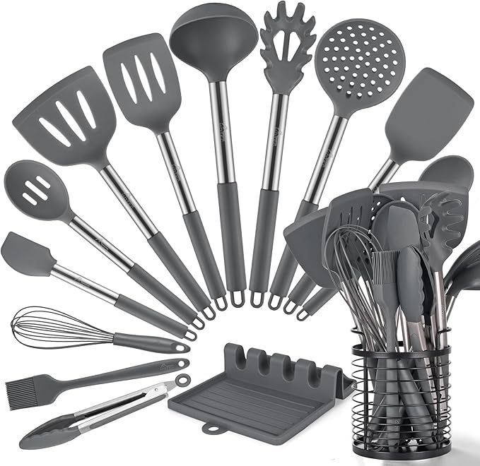 HOTEC 446°F Heat Resistant Silicone Kitchen Utensils, Cooking Utensil Set, Spatula Set, BPA Free, Kitchen Gadgets, with Stainless Steel Utensils Holder, Dishwasher Safe, 14pcs Grey
