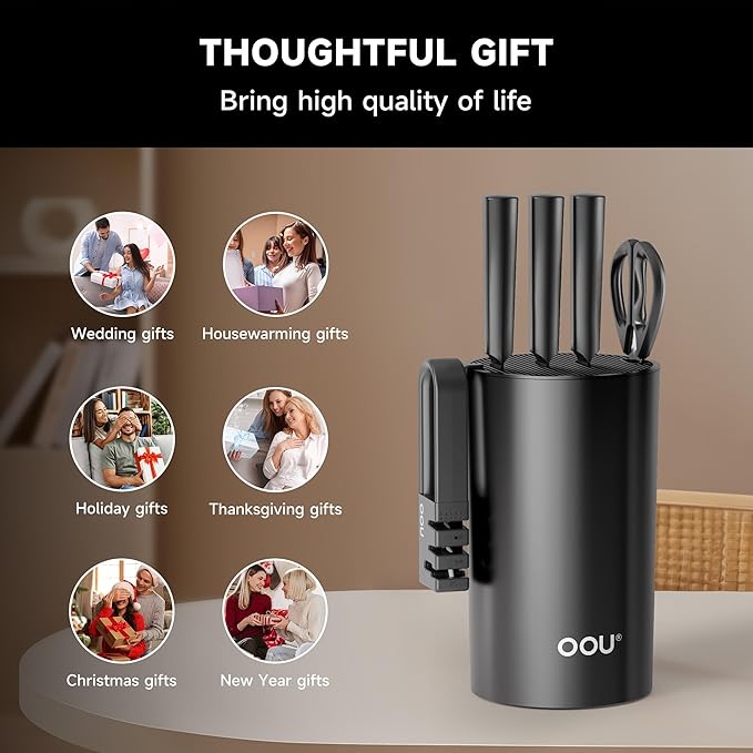 OOU Knife Set with Block and Sharpener, 6 Pcs High Carbon German Steel Kitchen Knife Block Set with Universal Knife Holder, Dishwasher Safe Knife Set for Small Kitchen, Space-Saving, Anti-Rust