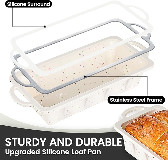 Vinino Silicone Bread Loaf Pan with Metal Reinforced Frame, 9.5 x 5 in Non-stick Silicone 1 lb Loaf Pan for Baking, 2 Pack Durable Bread Pan for Oven Dishwasher Safe - Cream