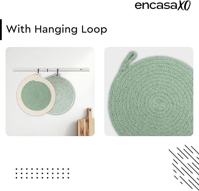 Encasa XO Round Trivet Mats for Hot Dishes with Hanging Loop | Sage Combo - Set of 6 with 7 inch Diameter | Cotton Round Thick Heat Resistant Pot Holders | Use Hot Pads Plate Mats for Hot Pots & Pans