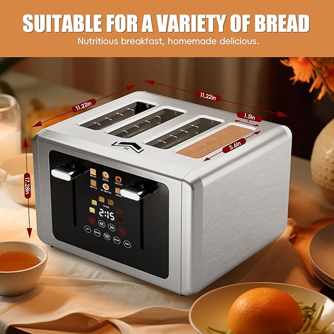 4 Slice Toaster, Touchscreen & Dual Independent Control Panel,Digital Countdown Toasters, 6 Shade Settings＆6 Bread Types, Smart Mute/Screen-Off,Silver