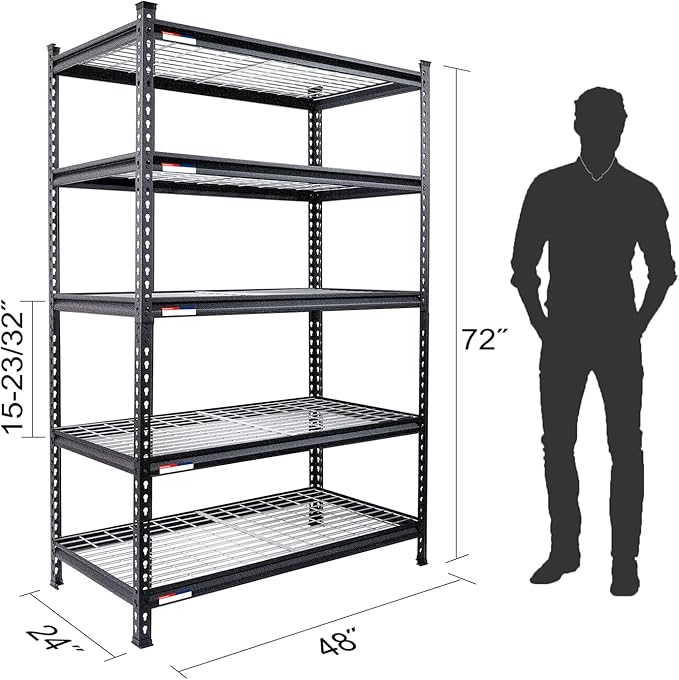 WORKPRO 5-Tier Metal Storage Shelving Unit, 48”W x 24”D x 72”H, Adjustable Storage Rack Heavy Duty Shelf, 4000 lbs Load Capacity (Total), for Garage, Kitchen, Bathroom, Warehouse, Black/Sliver, 10 PCS
