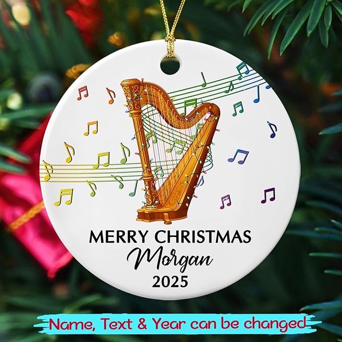 Customized Year Text Name Harp Player Christmas Ornament, Unique Harp Instrument Ornaments Gift for Women Men Harpist Appreciation Birthday, Personalized Harp Musical Ceramic Christmas Ornament 2025