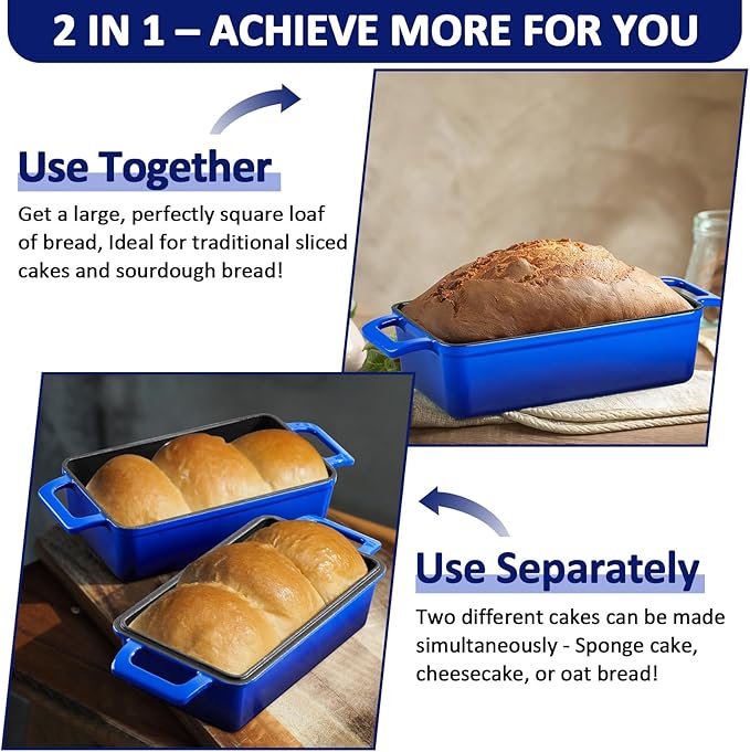 Leonyo 9 x 6 inch Cast Iron Loaf Pan with Lid, 2-in-1 Enameled Sourdough Baking Pan, Homemade Bread Dutch Oven for Pound Cake, Lasagna, Up to 500℉ & Blue