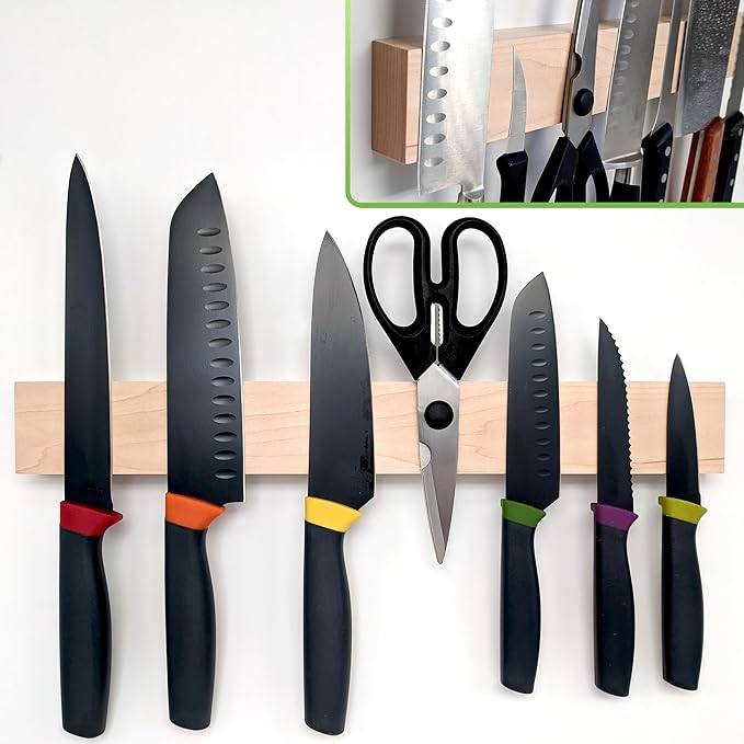 Premium 16 Inch Maple Wood Magnetic Knife Holder – Professional Wooden Magnetic Knife Strip - Space-Saving Knife Rack/Knife Bar With Powerful Magnetic Pull Force (Upgraded Version)