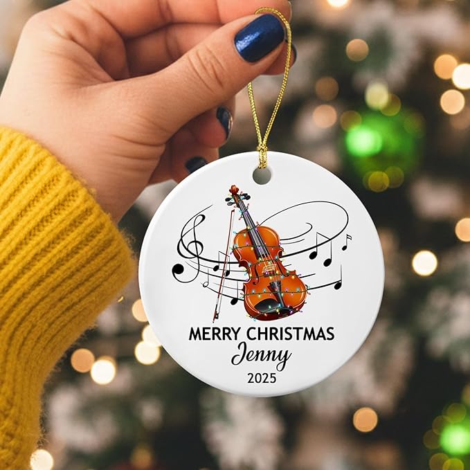 Personalized Violin Player Ceramic Decor Ornament, Customized Text Year Name Violinist Christmas Ornaments Gift for Friends Husband Wife Grandkids, Violin Instrument Lover Ceramic Xmas Tree Ornament