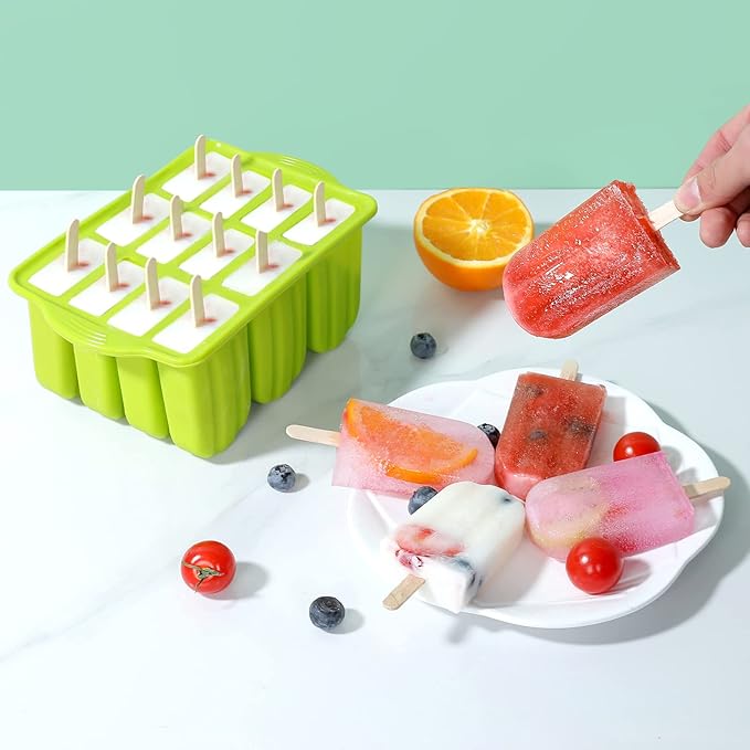 Popsicles Molds Set, 12 Cavity Homemade Maker Ice Pop Mold, Silicone Freezer Molds with 50 Popsicle Sticks 50 Popsicle Bags 50 Ties Funnel Recipes and Cleaning Brush