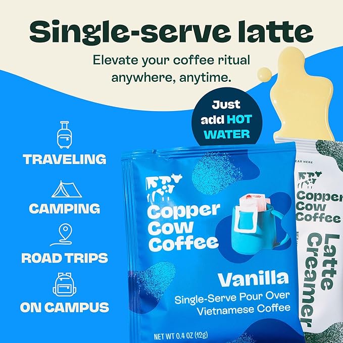 Copper Cow Premium Vietnamese Coffee Variety Pack (15 Coffees & 15 Creamers)| Classic Black, Vanilla, & Salted Caramel Latte | Pour Over Single-Serve Lattes, No Refrigeration Needed, Travel Friendly