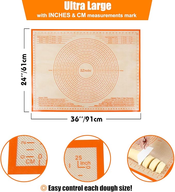 Non-slip Silicone Pastry Mat 36X24 inches Baking Mat with Measurement, Perfect for Dough, Pastry, Pie Crust, Fondant, Cookies, Bread, Pasta, Pizza, Food Grade Kitchen Counter Mats