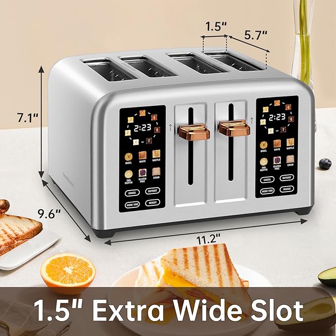SEEDEEM Toaster 4 Slice, Stainless Steel, Touch Screen for Dual Control, Digital Timer, Smart Toaster with 6 Bread Type, 7 Shade Setting, 1.5''Wide Slot, Removable Crumb Tray, 1800W, Silver Metallic