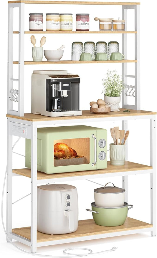 VASAGLE Bakers Rack with Power Outlet, 31.5 Inches Coffee Bar for Kitchen with Storage, 6-Tier Kitchen Shelves with 6 Hooks, Microwave Stand, Golden Oak and White UKKS119Y01