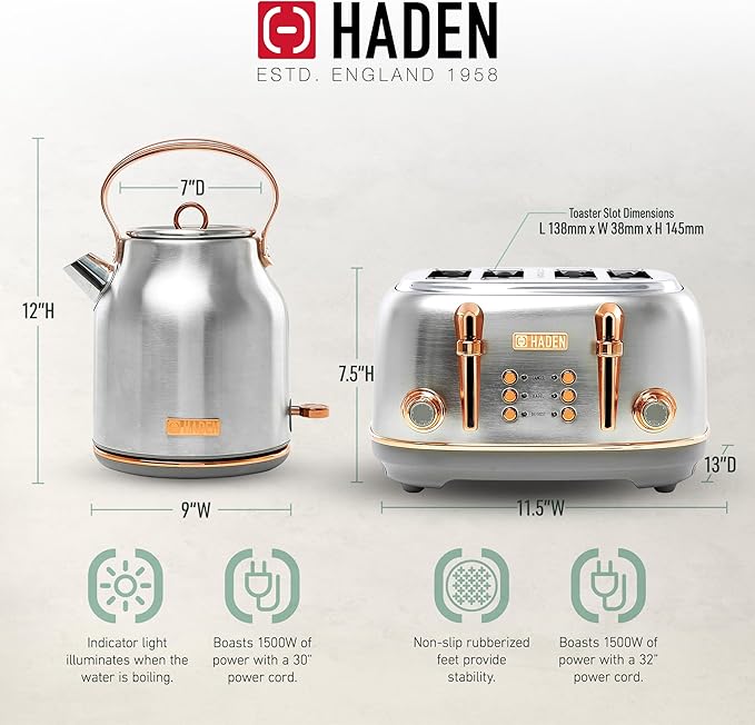 Haden Heritage 4 Slice Wide Slot Stainless Steel Toaster Bundled with 1.7 Liter Stainless Steel Electric Water Kettle, Steel & Copper