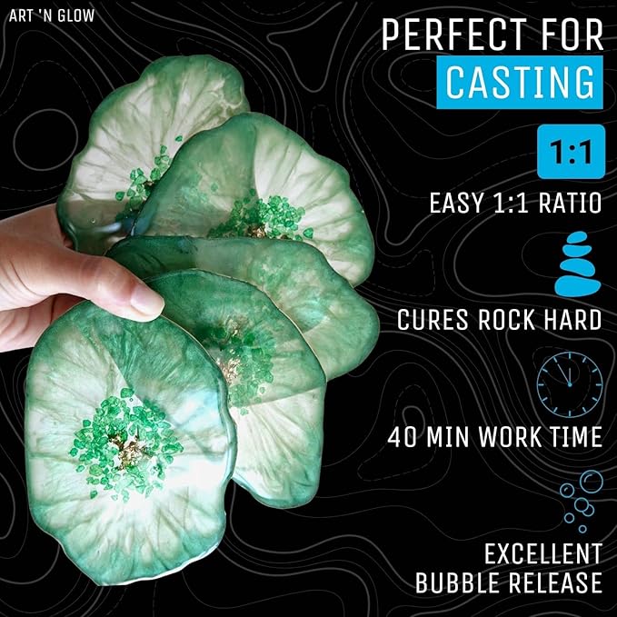 Art 'N Glow Epoxy Resin 2 Gallon Kit - Crystal Clear, UV Resistant, Self Leveling, Food Safe for Table Top, Crafts, Wood, Casting, Jewelry Making, Use with Mica Powder, Silicone Molds, Alcohol Ink