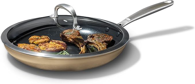 OXO Enhanced 12” Nonstick Frying Pan Skillet with Lid, Ceramic PFAS-Free Cookware, Stainless Steel Handle, Eggs & Omelets, Dishwasher & Oven Safe, Biscuit Brown