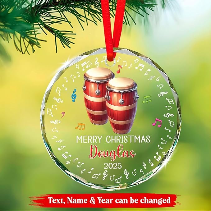 Conga Player Christmas Glass Keepsake, Personalized Text & Name Conga Musical Instrument Xmas Ornament Gifts For Music Lovers, Instrumentalist Ornament Christmas 2025, Custom Musician Glass Ornaments