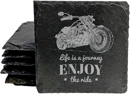 The Open Road Awaits: Motorcycle Coasters with Inspirational Quote - Square Slate - Set of 4
