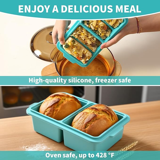 2 Cup Silicone Freezer Tray Ice Cubes with Lids and Date Mark for Storing Lasagna Leftovers Sauces Portioned Meals and More, Silicone Soup Freezer Molds for Meal Prepping 2 Pack Aqua