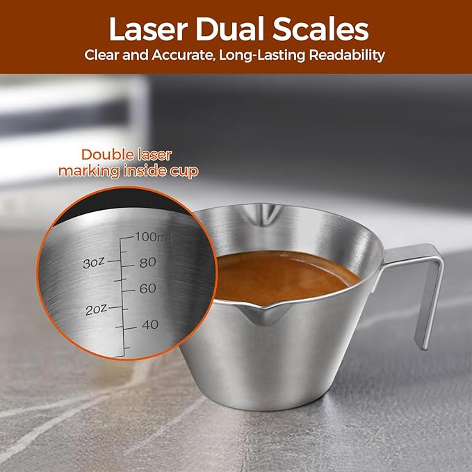2 Pcs Stainless Steel Espresso Cups with Handle, Double Spout Metal Measuring Cup with Dual Scale, Espresso Shot Cup with V-Shaped Mouth, 3.4oz/100ml (Black)