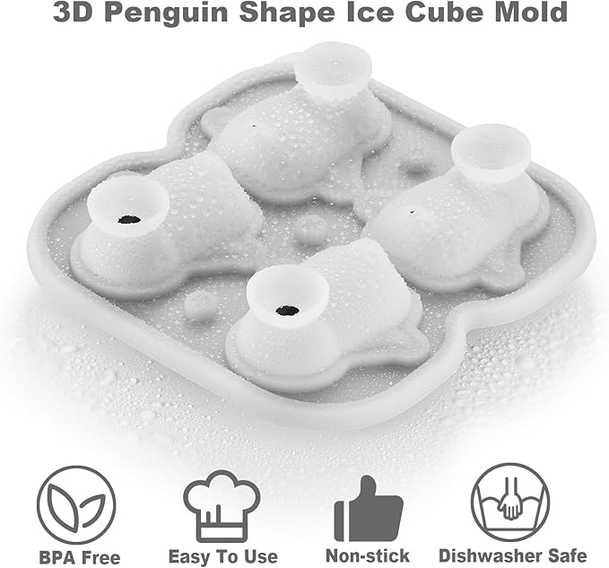 Nax Caki 3D Penguin Ice Cube Tray, 2.2" Large Thicked Silicone Fun Shapes Whiskey Ice Mold with Funnel for Cocktails,Bourbon,Brandy, Whiskey Gifts for Men Black