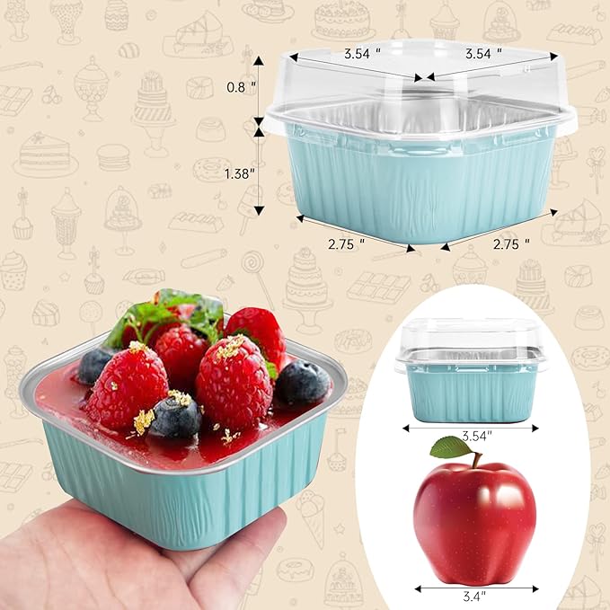 50 Pcs Mini Square Baking Cups with Lids,5oz Aluminum Foil Mini Cake Pans with Lids,Disposable Ramekins Cake Pans,150ml Dessert Cups Cupcake Pans for Wedding Birthday Party,Blue