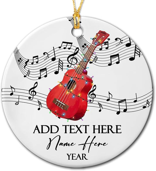 Custom Ukulele Musical Ceramic Xmas Tree Ornament with Name Text Year, Personalized Ukulele Instrument Ornaments Gift for Women Men Friends Husband Wife, Ukulelist Ukuleles Ceramic Christmas Ornament
