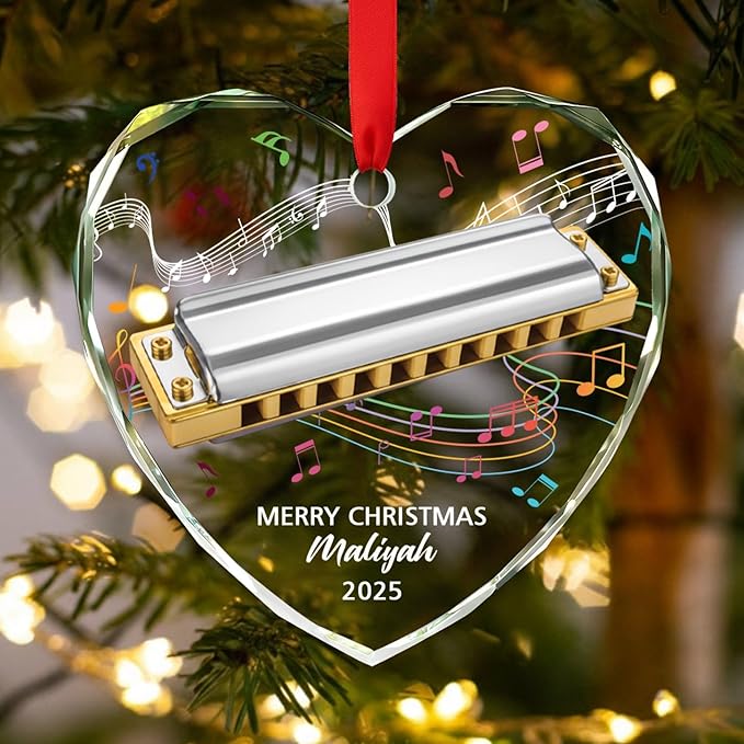 Customized Harmonica Glass Keepsake Ornament, Personalized Text Year Name Harmonica Player Xmas Ornaments Gift for Husband Wife Dad Mom, Unique Harmonicas Glass Christmas Ornament for Appreciation