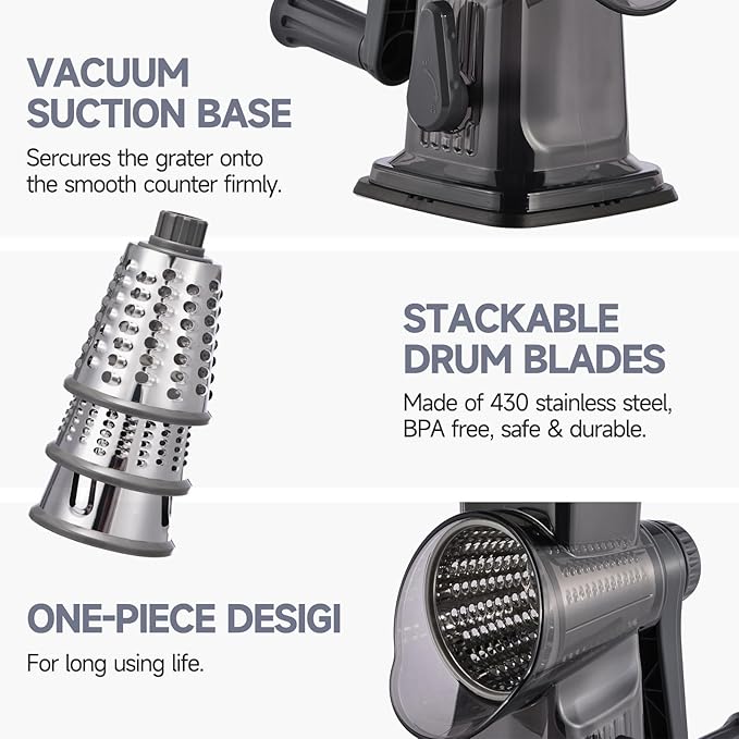 Rotary Cheese Grater with Handle Kitchen Shredder Slicer Grater Slicer Ice Shaver Cheese Vegetable Nuts Potato Zucchini Chocolate 3 Interchangeable Blades (Dark Grey TSP)