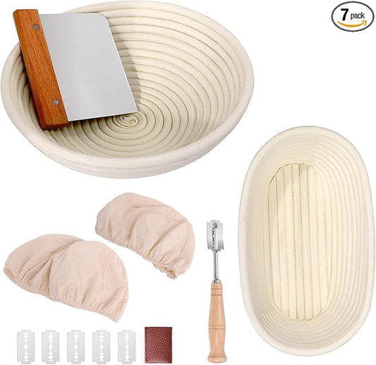 Bread Proofing Basket Set 9.6 Inch Oval and 10 Inch Round Natural Rattan Proofing Baskets with Bread Lame and Dough Scraper and Linen Liner Bread Making Tools for Professional and Home Bakers