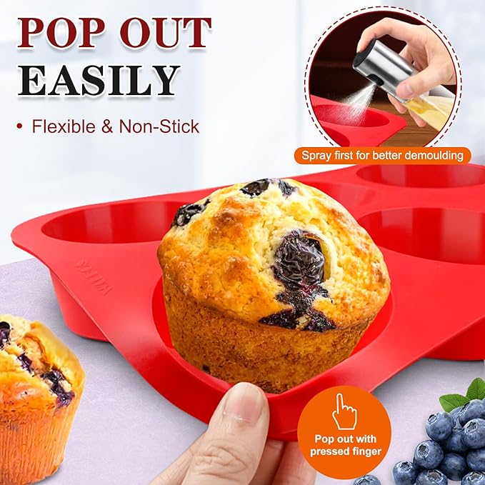 Walfos Silicone Texas Muffin Pan - 6 Cup Jumbo Silicone Cupcake Pan, Non-Stick, Just PoP Out! Perfect for Egg Muffin, Big Cupcake - BPA Free and Dishwasher Safe