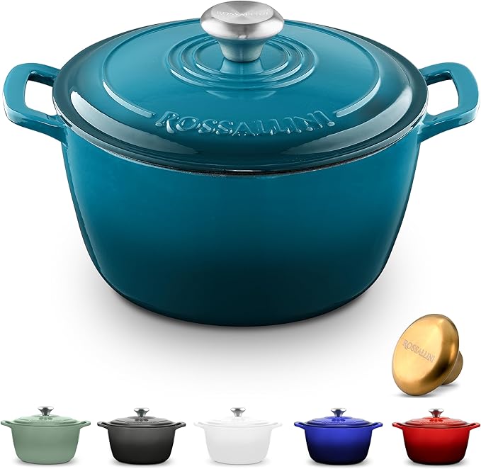 Signature Enameled Cast Iron Dutch Oven, Non-Stick Serving Pot with Tight Fitting Lid for Perfect Roasting, Baking, Sauteing, and Bread Making | 5.5Q (5.2L) - Ocean Blue