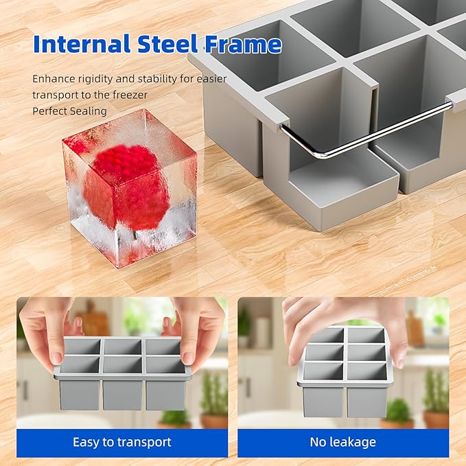 Large Ice Cube Tray for Whiskey, HANCELANT Big Silicone Square Ice Cube Mold with Removable Lid, 2'' Huge Square Ice Cubed Tray for Whisky and Cocktail