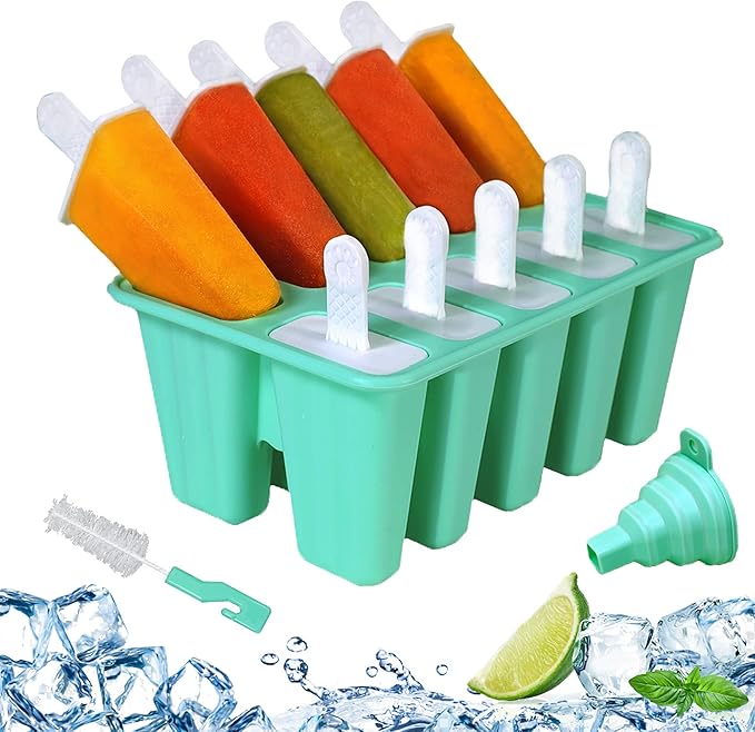 Silicone Popsicle Molds 10-cavity, DIY Ice Pop Mold for Kids Adult Teens, BPA Free Ice Cream Molds for Party Yogurt Juice Smoothies Sticks