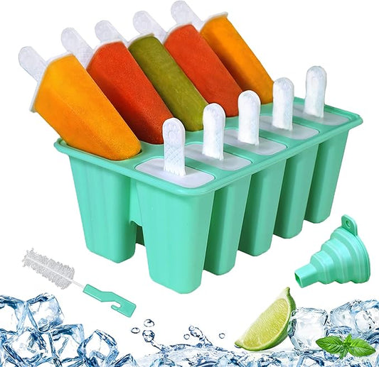 Silicone Popsicle Molds 10-cavity, DIY Ice Pop Mold for Kids Adult Teens, BPA Free Ice Cream Molds for Party Yogurt Juice Smoothies Sticks