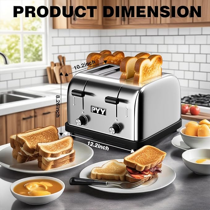 PYY Commercial Toaster 4 Slice for Restaurant - Wide Slots 1.57 inch Stainless Steel 6-Level Setting, with Removable Crumb Tray, 225 Slices/Hour 1800W - Bread, Bagels, Breakfast, Texas Toast
