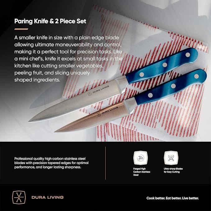 DURA LIVING Chef's Knife Set, 4 Piece Cutlery Knife Set, Superior Forged High Carbon Stainless Steel Ultra Sharp 8 Inch Chef, 7 Inch Santoku, 5 Inch Utility, 3.5 Inch Paring Knives, Royal Blue