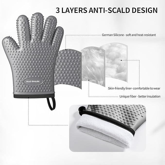 MAD SHARK Silicone Oven Mitts Heat Resistant 450 Degrees,Waterproof & Non-Slip Oven Gloves with Fingers,Cotton Lined Silicone Oven Gloves Kitchen Mitts for Baking Cooking Barbecue,Women,Oven (GREY1)