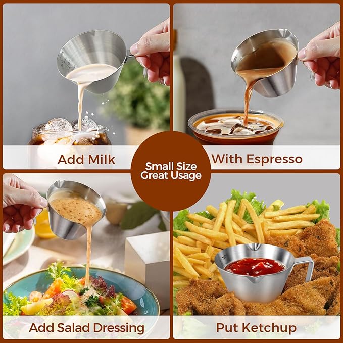 3Pcs Stainless Steel Espresso Cups, Double Spout Metal Espresso Measuring Cup with Handle, Dual Scale Espresso Pouring Cup with V-Shaped Mouth, 3.4oz/100ml (Silver)