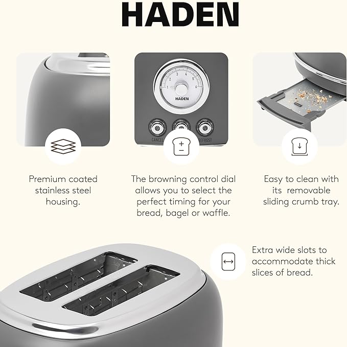 Haden Chelsea 2 Slice Wide Slot Toaster with Adjustable Browning Control, Grey & Chrome