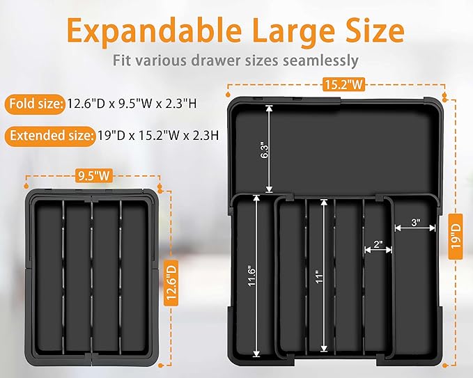 Homecor Silverware Organizer Expandable Kitchen Drawer Organizer with 7 Slots, BPA Free Cutlery Utensil Drawer Organizer, Kitchen Utensil Storage Tray for Forks Knives Spoons, Anti-Slip, Black