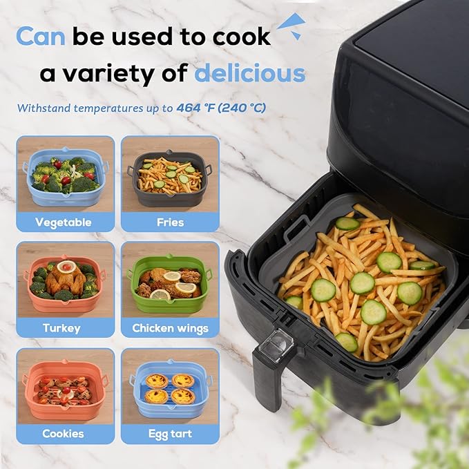 [2 Pack] Silicone Air Fryer Liners Square - Reusable Airfryer Basket - Easy to Clean Air Fryers Pot for 5.8 to 8 Qt Large Air Fryer Baking Tray Oven Accessories, 8.5 Inch