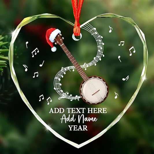 Customized Banjo Musical Instrument Glass Ornaments, Personalized Banjo Christmas Ornament with Text Name Year, 2025 Christmas Ornament Gift for Banjoist/Teacher/Student, Musician Keepsake