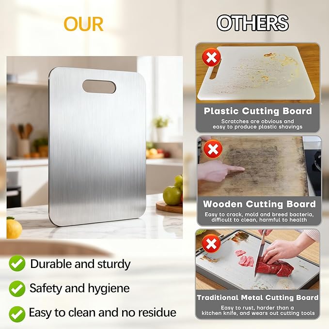 Tavano Titanium Cutting Board,100% Pure Titanium Cutting Boards for Kitchen,2026 New Non Toxic,Double-Sided Food Grade Chopping Board for Meat,Vegetable,Fruit,Outdoor Camping(M-1PC:13.39 * 9.05'')