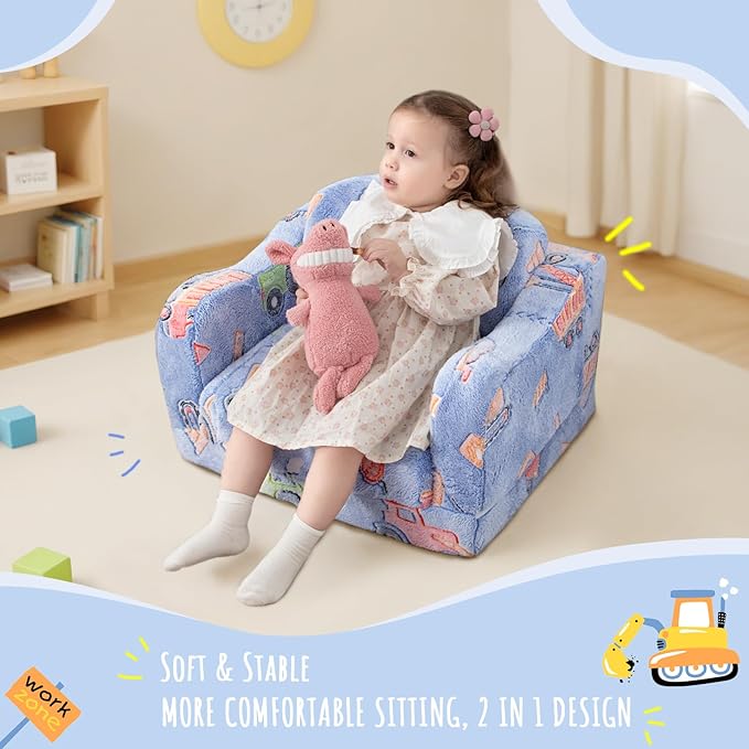 Thick Comfy Toddler Chair and Couch for Kids,2-in-1 Soft Plush Fold Out Sofa for Children,Convertible Couch to Lounger for Toddler