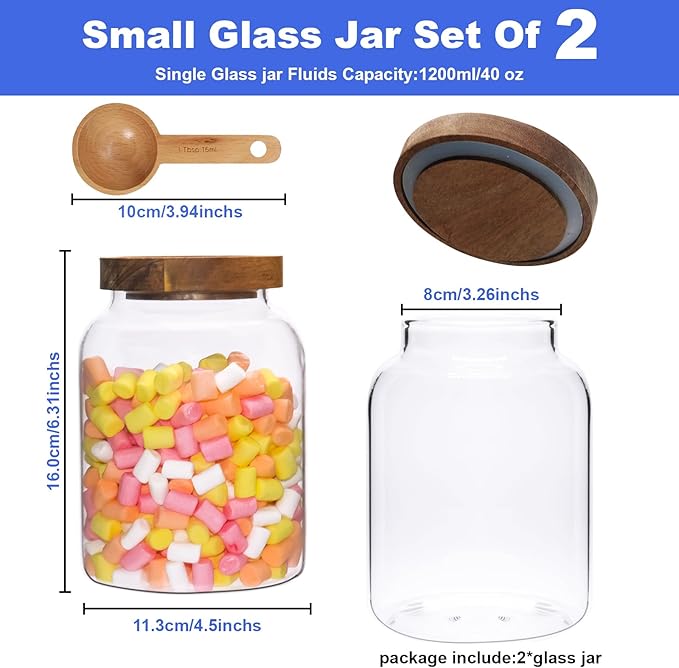 Glass Jar with Spoon Wooden Lid Clear Coffee Ground Containers Set Borosilicate Glass Kitchen Storage Canister for Sugar Espresso Spice Beans Nut Pasta Candy Tea (1200ml(40oz)-with spoon (2pack))
