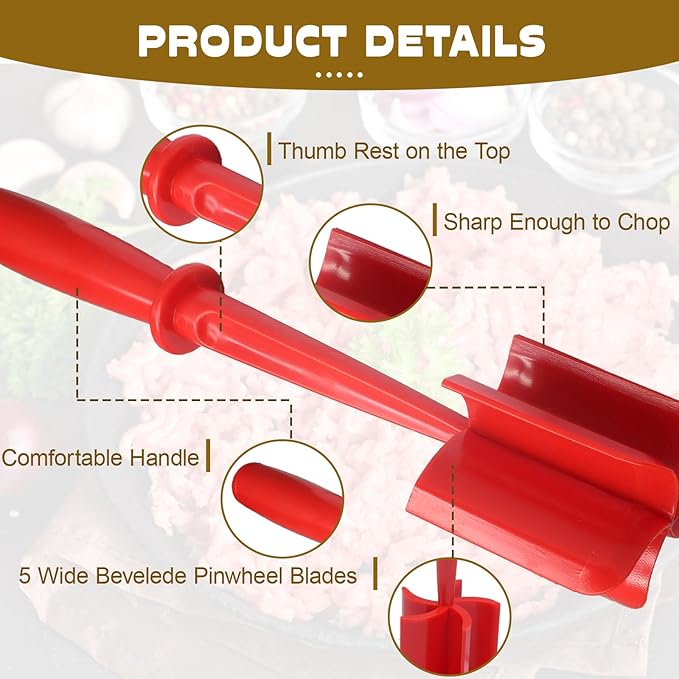 Meat Masher, 5 Curve Blade Hamburger Chopper, Heat Resistant Meat Masher for Ground Beef, Mix and Chop Kitchen Tool, Food Smasher Tool for Hamburger, Beef, Potato, Tomato, Avocado (Red)