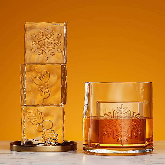 Samuelworld Clear Ice Cube Maker with Winter Design Silicone Inserts: 4 Extra Large 2 inch Clear Square Ice for Whiskey, 2025 Upgraded Crystal Ice Cube Mold - Ice Storage Bag