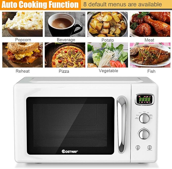COSTWAY Retro Countertop Microwave Oven, 0.9Cu.ft, 900W Microwave Oven, with 5 Micro Power, Defrost & Auto Cooking Function, LED Display, Glass Turntable Viewing Window, Child Lock, ETL