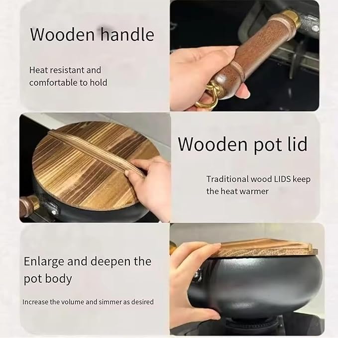 Jinswhdre Cast Iron Skillet, 9.5/11in Jinswhdre Japanese Irons Pan, Hand Forged Uncoated Iron Pan with Lid Spatula, Non-stick Wok for Cooker Gas Stir Fry Pans Durable and Rust-Free (Glass Lid,9.45in)