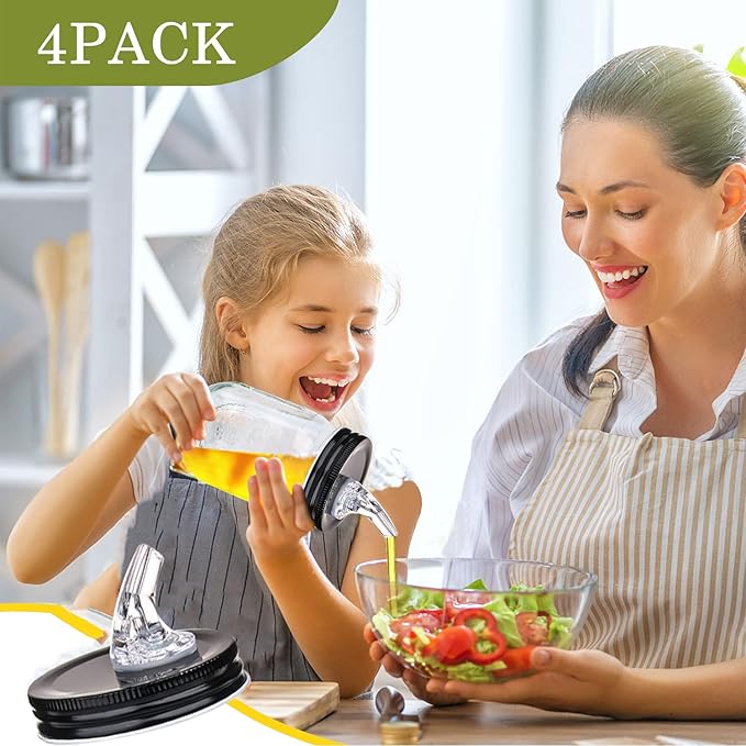 Mason Jar Pour Spouts. free flow Mason Jar Pour Spouts, mason jar for spout regular mouth size 70mm dispenser germination cover. Suitable for any liquid. Leak-Proof 2-Pack + 4 Black Lid Caps (2 Pack