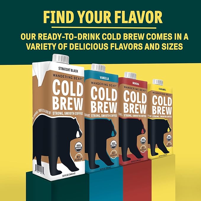 Wandering Bear Straight Black Organic Cold Brew Coffee - Extra Strong, Bold, Smooth, Unsweetened, Shelf-Stable, Ready to Drink, 100% Organic Iced Cold Brewed Coffee Drink - 32 fl oz, 6 pack